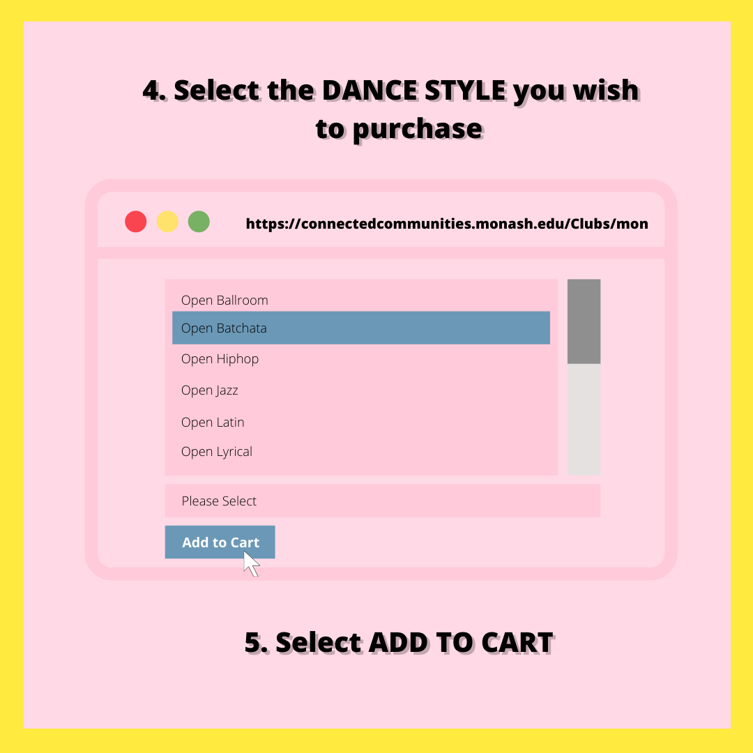 Class Purchase Guide (3/4). 4: Select the dance style you with to purchase. 5: Select add to cart.